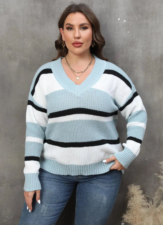 2025 Stripe Plus Size Sweater Women Winter V Neck Large Pullover Ladies Loose Oversize Jumper Casual Big Jerseys Curvy Knitwear - SS69