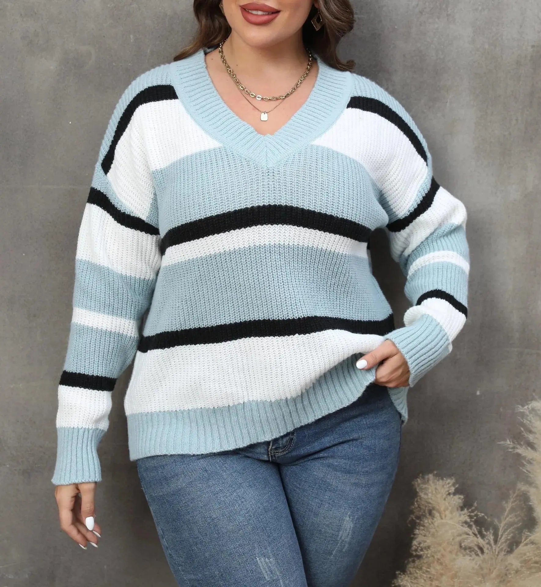 2025 Stripe Plus Size Sweater Women Winter V Neck Large Pullover Ladies Loose Oversize Jumper Casual Big Jerseys Curvy Knitwear - SS69
