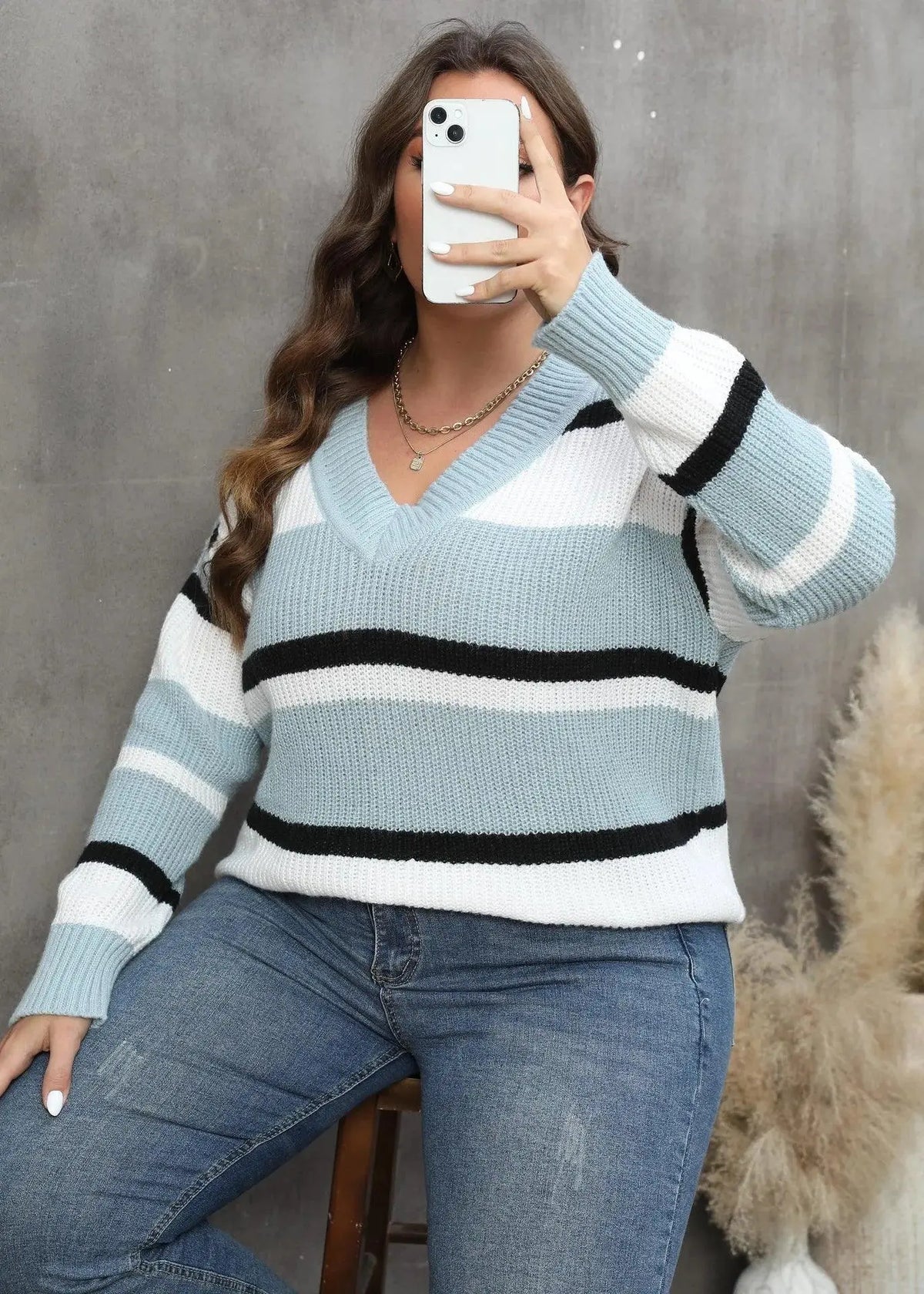 2025 Stripe Plus Size Sweater Women Winter V Neck Large Pullover Ladies Loose Oversize Jumper Casual Big Jerseys Curvy Knitwear - SS69