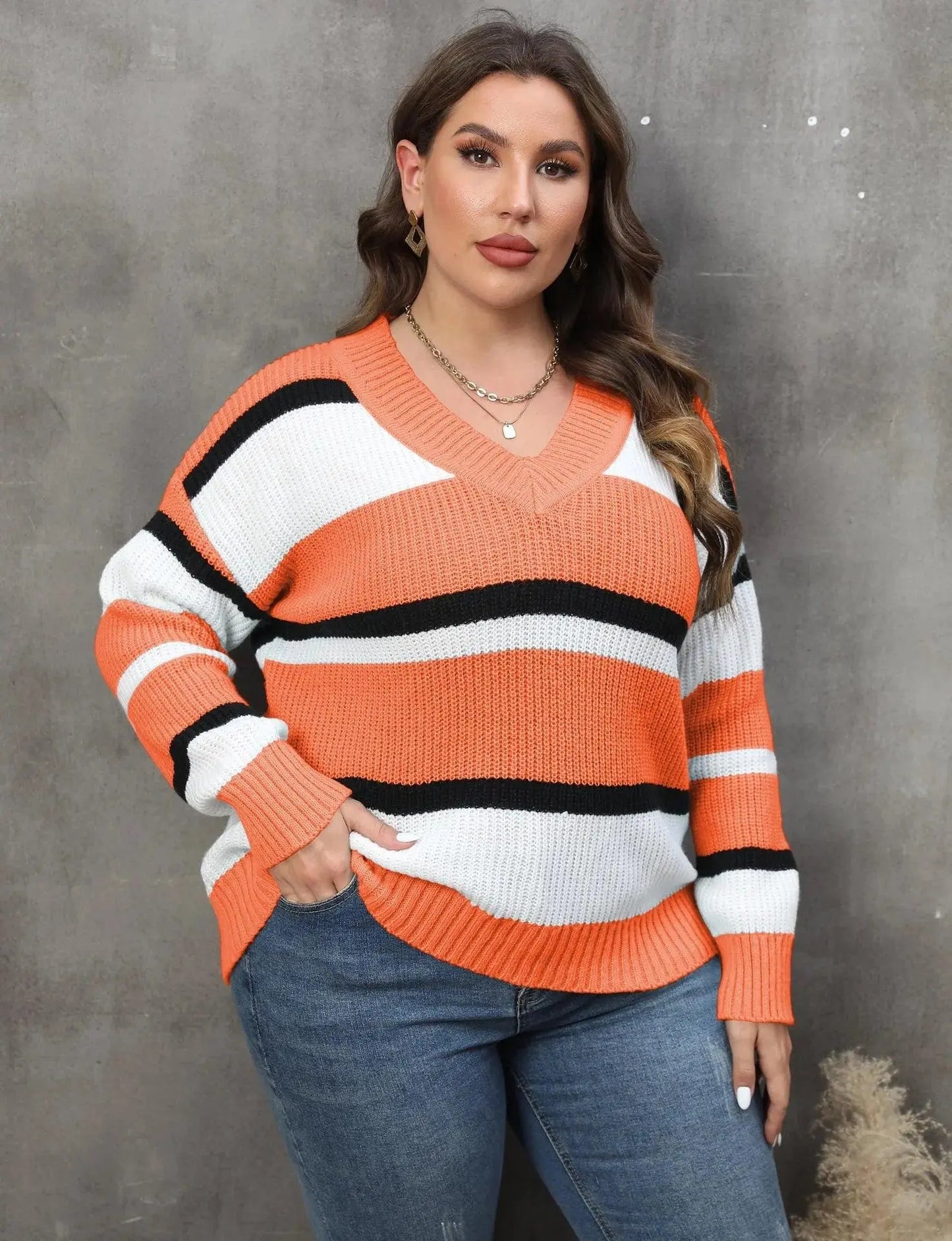 2025 Stripe Plus Size Sweater Women Winter V Neck Large Pullover Ladies Loose Oversize Jumper Casual Big Jerseys Curvy Knitwear - SS69