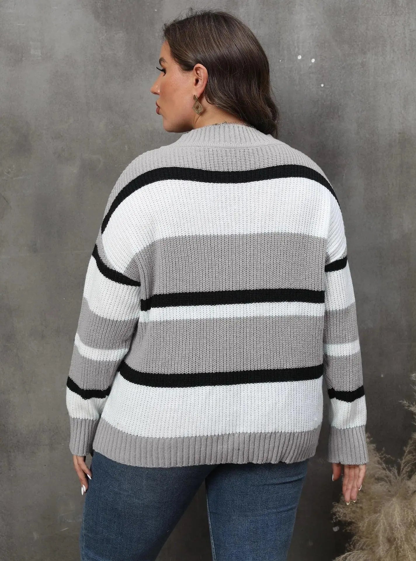 2025 Stripe Plus Size Sweater Women Winter V Neck Large Pullover Ladies Loose Oversize Jumper Casual Big Jerseys Curvy Knitwear - SS69