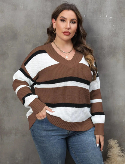 2025 Stripe Plus Size Sweater Women Winter V Neck Large Pullover Ladies Loose Oversize Jumper Casual Big Jerseys Curvy Knitwear - SS69