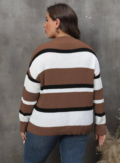 2025 Stripe Plus Size Sweater Women Winter V Neck Large Pullover Ladies Loose Oversize Jumper Casual Big Jerseys Curvy Knitwear SS69