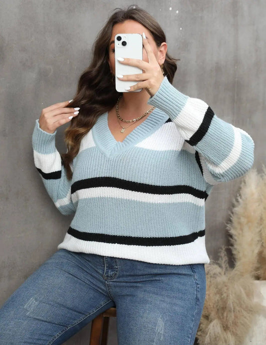 2025 Stripe Plus Size Sweater Women Winter V Neck Large Pullover Ladies Loose Oversize Jumper Casual Big Jerseys Curvy Knitwear SS69