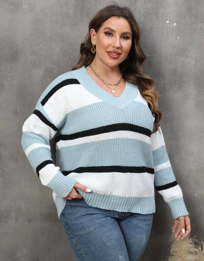 2025 Stripe Plus Size Sweater Women Winter V Neck Large Pullover Ladies Loose Oversize Jumper Casual Big Jerseys Curvy Knitwear SS69