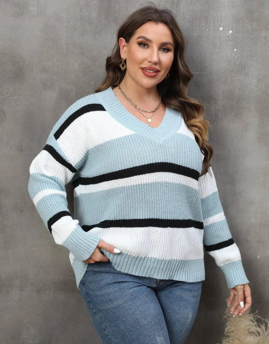 2025 Stripe Plus Size Sweater Women Winter V Neck Large Pullover Ladies Loose Oversize Jumper Casual Big Jerseys Curvy Knitwear SS69