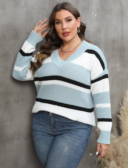 2025 Stripe Plus Size Sweater Women Winter V Neck Large Pullover Ladies Loose Oversize Jumper Casual Big Jerseys Curvy Knitwear SS69