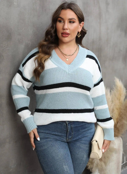 2025 Stripe Plus Size Sweater Women Winter V Neck Large Pullover Ladies Loose Oversize Jumper Casual Big Jerseys Curvy Knitwear SS69