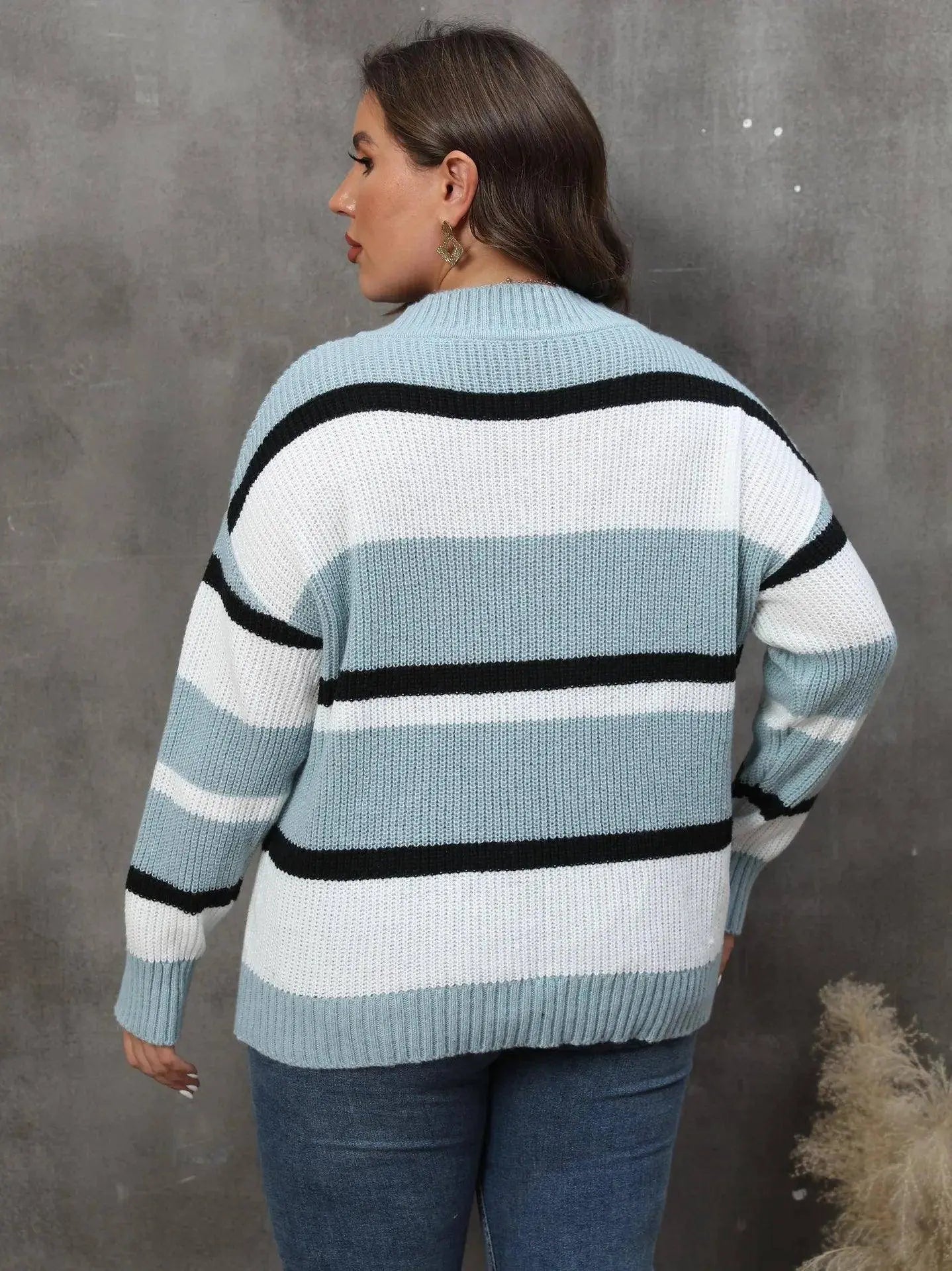2025 Stripe Plus Size Sweater Women Winter V Neck Large Pullover Ladies Loose Oversize Jumper Casual Big Jerseys Curvy Knitwear SS69