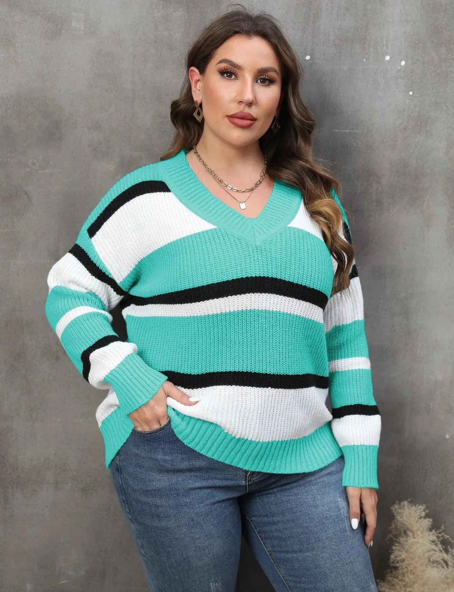 2025 Stripe Plus Size Sweater Women Winter V Neck Large Pullover Ladies Loose Oversize Jumper Casual Big Jerseys Curvy Knitwear SS69 50.69 Blue Sweater / L