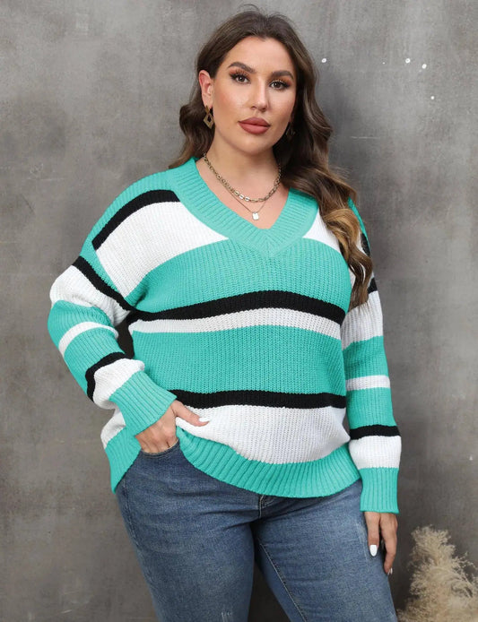 2025 Stripe Plus Size Sweater Women Winter V Neck Large Pullover Ladies Loose Oversize Jumper Casual Big Jerseys Curvy Knitwear SS69 50.69 Blue Sweater / L