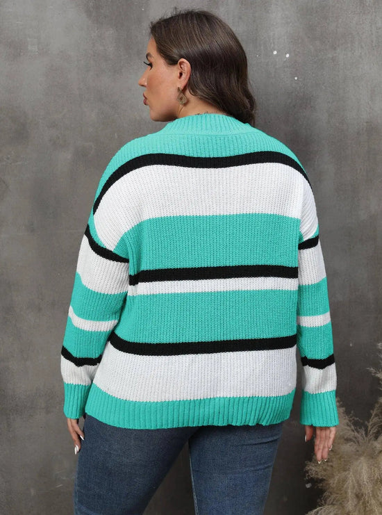 2025 Stripe Plus Size Sweater Women Winter V Neck Large Pullover Ladies Loose Oversize Jumper Casual Big Jerseys Curvy Knitwear SS69