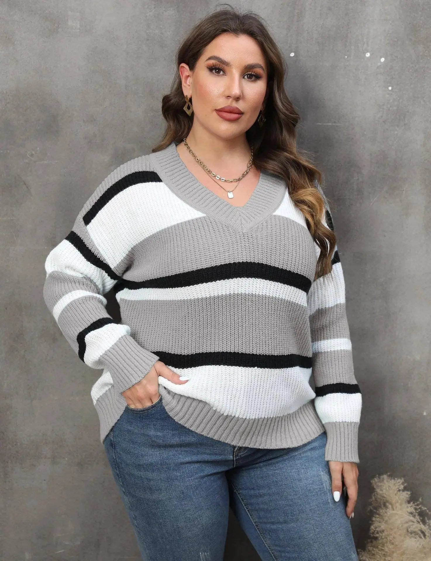 2025 Stripe Plus Size Sweater Women Winter V Neck Large Pullover Ladies Loose Oversize Jumper Casual Big Jerseys Curvy Knitwear SS69