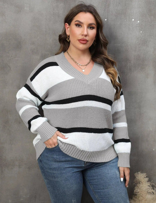 2025 Stripe Plus Size Sweater Women Winter V Neck Large Pullover Ladies Loose Oversize Jumper Casual Big Jerseys Curvy Knitwear SS69