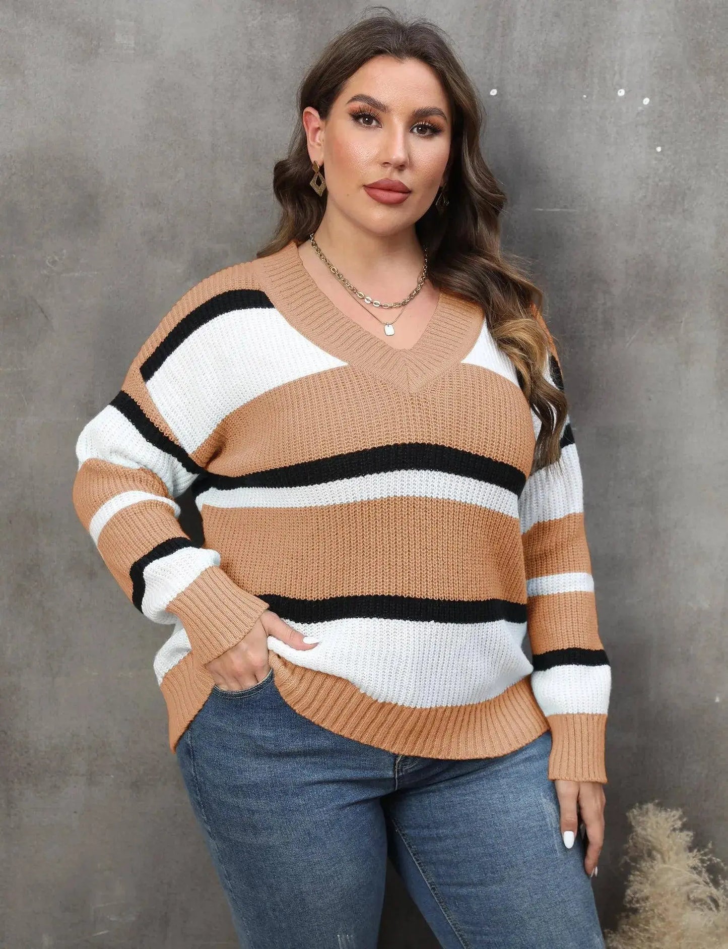 2025 Stripe Plus Size Sweater Women Winter V Neck Large Pullover Ladies Loose Oversize Jumper Casual Big Jerseys Curvy Knitwear SS69 50.69 Khaki Sweater / L