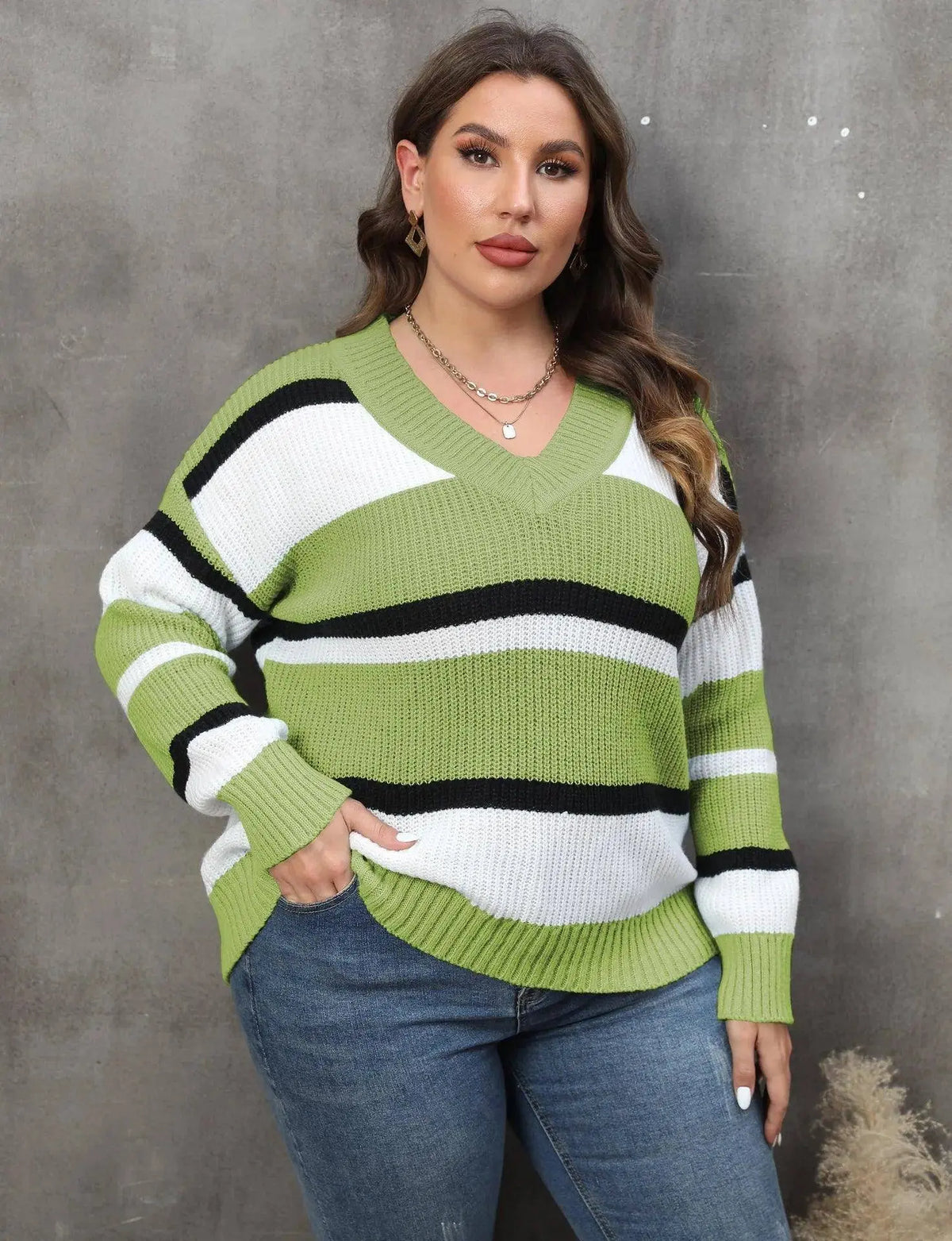 2025 Stripe Plus Size Sweater Women Winter V Neck Large Pullover Ladies Loose Oversize Jumper Casual Big Jerseys Curvy Knitwear SS69 50.69 Green Sweater / XXL