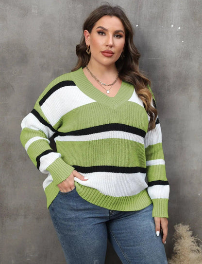 2025 Stripe Plus Size Sweater Women Winter V Neck Large Pullover Ladies Loose Oversize Jumper Casual Big Jerseys Curvy Knitwear SS69 50.69 Green Sweater / XXL