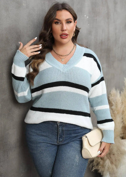 2025 Stripe Plus Size Sweater Women Winter V Neck Large Pullover Ladies Loose Oversize Jumper Casual Big Jerseys Curvy Knitwear SS69 50.69 Light Blue Sweater / L