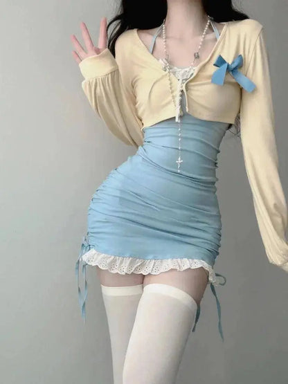 2025 Summer Sexy Slim Waist Bodycon Halter Dress for Women+ Sweet Long Sleeve Knitted Cardigan Y2k E-Girl Two Piece Sets SS69