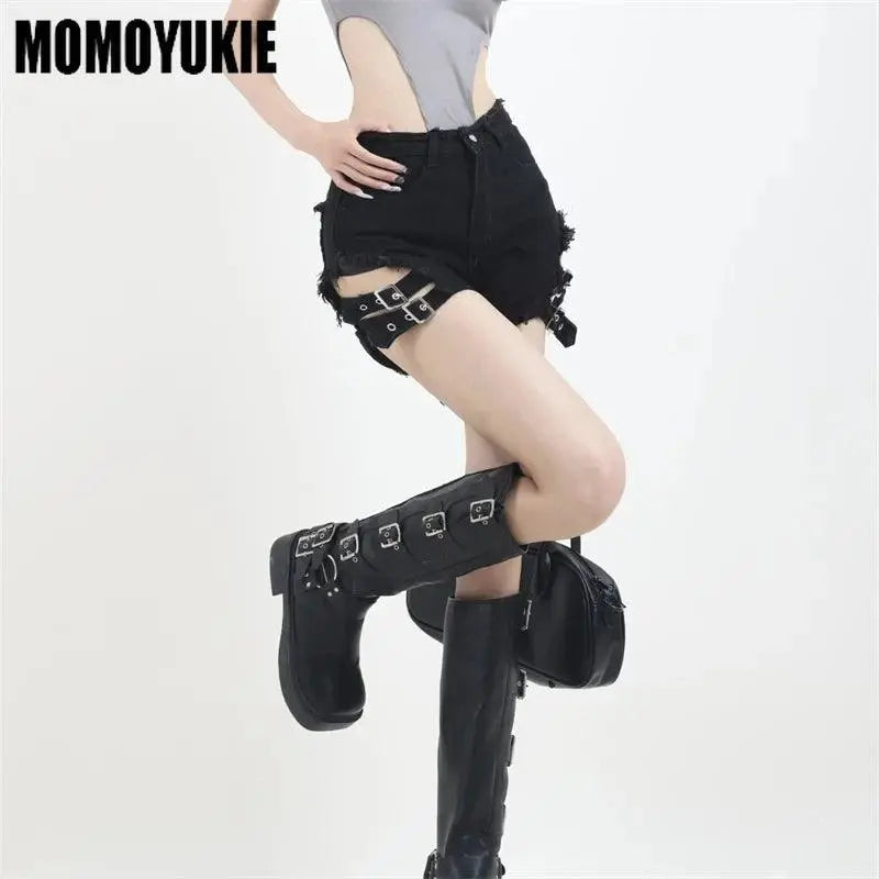2025 Summer Vintage Trend Hot Girls Harajuku High Waisted Irregular Denim Shorts Goth Rock Sexy Women Shorts Slimming Versatile - SS69