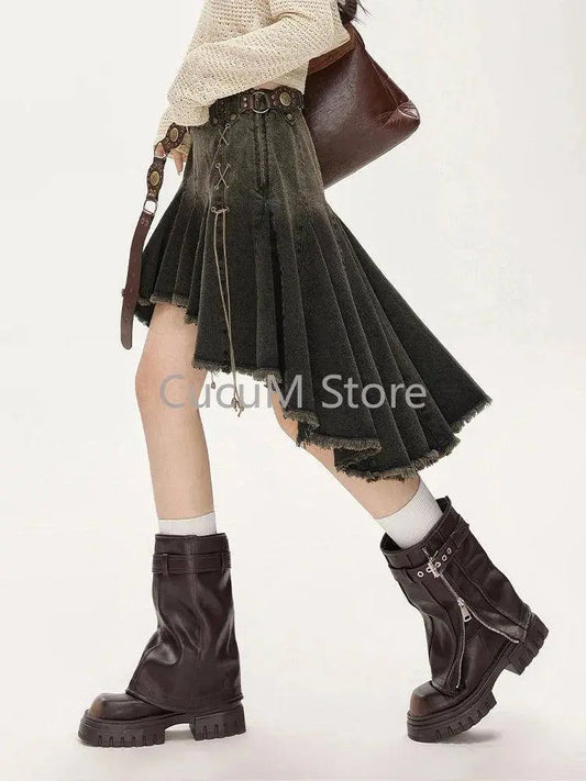 2025 Women Lace Up Academia E-girl Japanese Y2k Irregular Pleated Denim Skirt Gyaru Coquette Harajuku 2000s Jean New - SS69