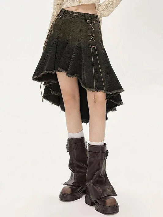 2025 Women Lace Up Academia E-girl Japanese Y2k Irregular Pleated Denim Skirt Gyaru Coquette Harajuku 2000s Jean New - SS69
