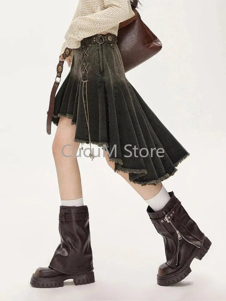 2025 Women Lace Up Academia E-girl Japanese Y2k Irregular Pleated Denim Skirt Gyaru Coquette Harajuku 2000s Jean New - SS69