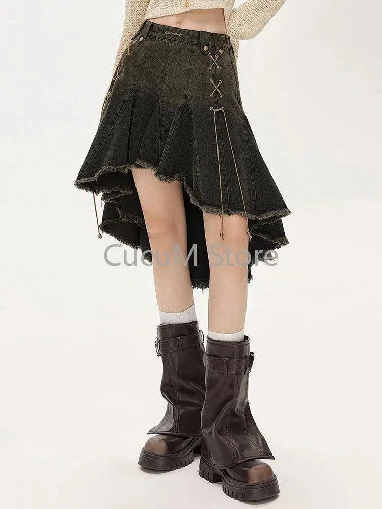 2025 Women Lace Up Academia E-girl Japanese Y2k Irregular Pleated Denim Skirt Gyaru Coquette Harajuku 2000s Jean New - SS69