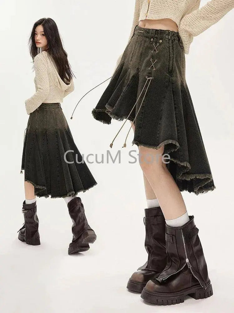 2025 Women Lace Up Academia E-girl Japanese Y2k Irregular Pleated Denim Skirt Gyaru Coquette Harajuku 2000s Jean New - SS69