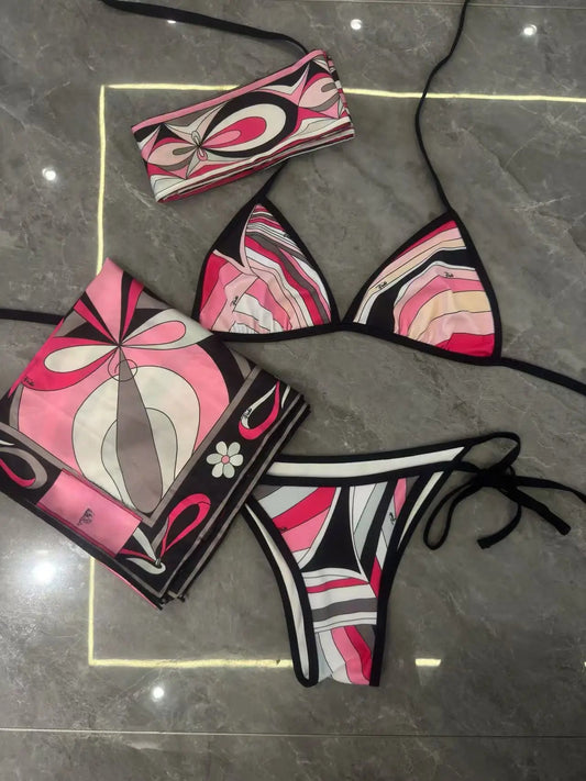 2025 striped bikini women scarf swimwear sarong swimsuit headband beachwear colorful bathing suit - SS69
