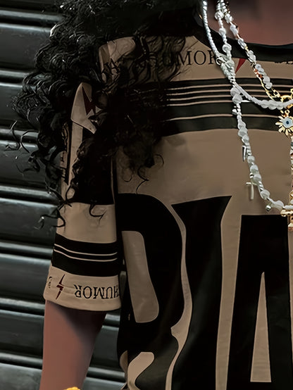 Women's Casual Letter Print T-Shirt - Olive Green with Black and White Text, Short Sleeve, Round Neck, Polyester, Machine Washable, Ideal for Casual Attire - SS69