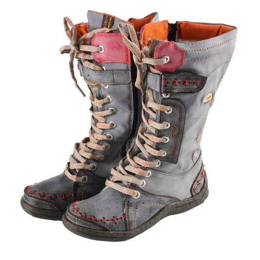 [Vintage Winter Boots] TMA EYE Vintage Winter Non-Slip Leather Boots, Powder-Coated Color-Blocking Fleece Mid-Calf Long Boots, Flat Thick-Soled Hiking Boots SS69 50.69 Pink And Black / US 10.5