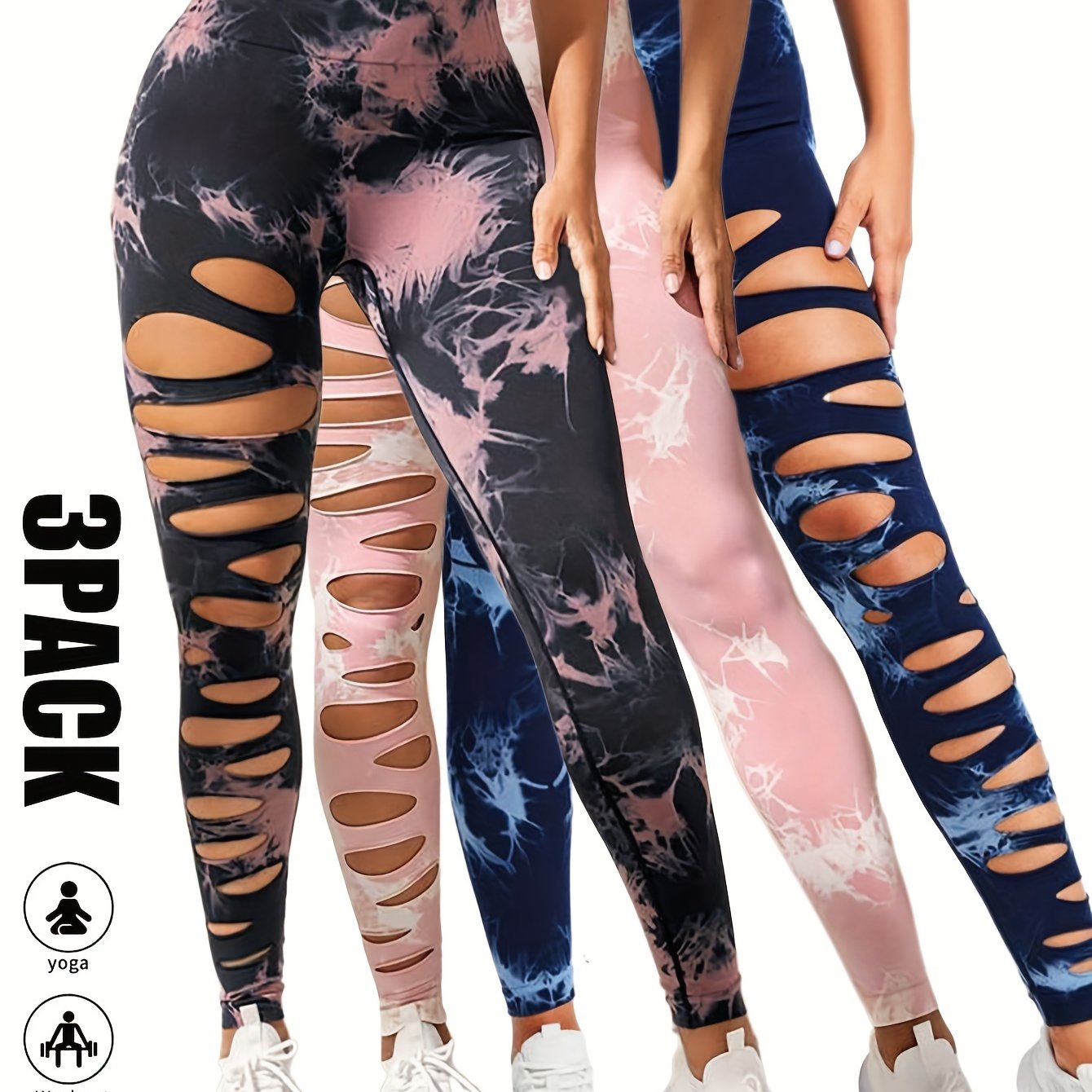 3 Pack High Waist Tie Dye Cutout Yoga Leggings - Scrunch Butt Lifting, Tummy Control, Elastic Workout Pants for Women SS69 42.69 3 Pack-BPN-BLU-PNK / S
