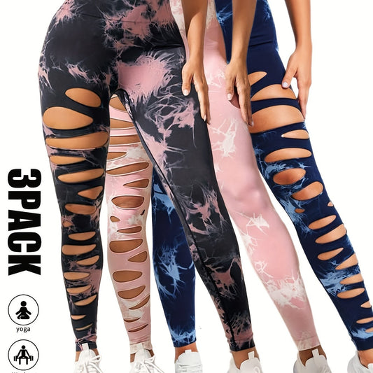 3 Pack High Waist Tie Dye Cutout Yoga Leggings - Scrunch Butt Lifting, Tummy Control, Elastic Workout Pants for Women SS69 42.69 3 Pack-BPN-BLU-PNK / S
