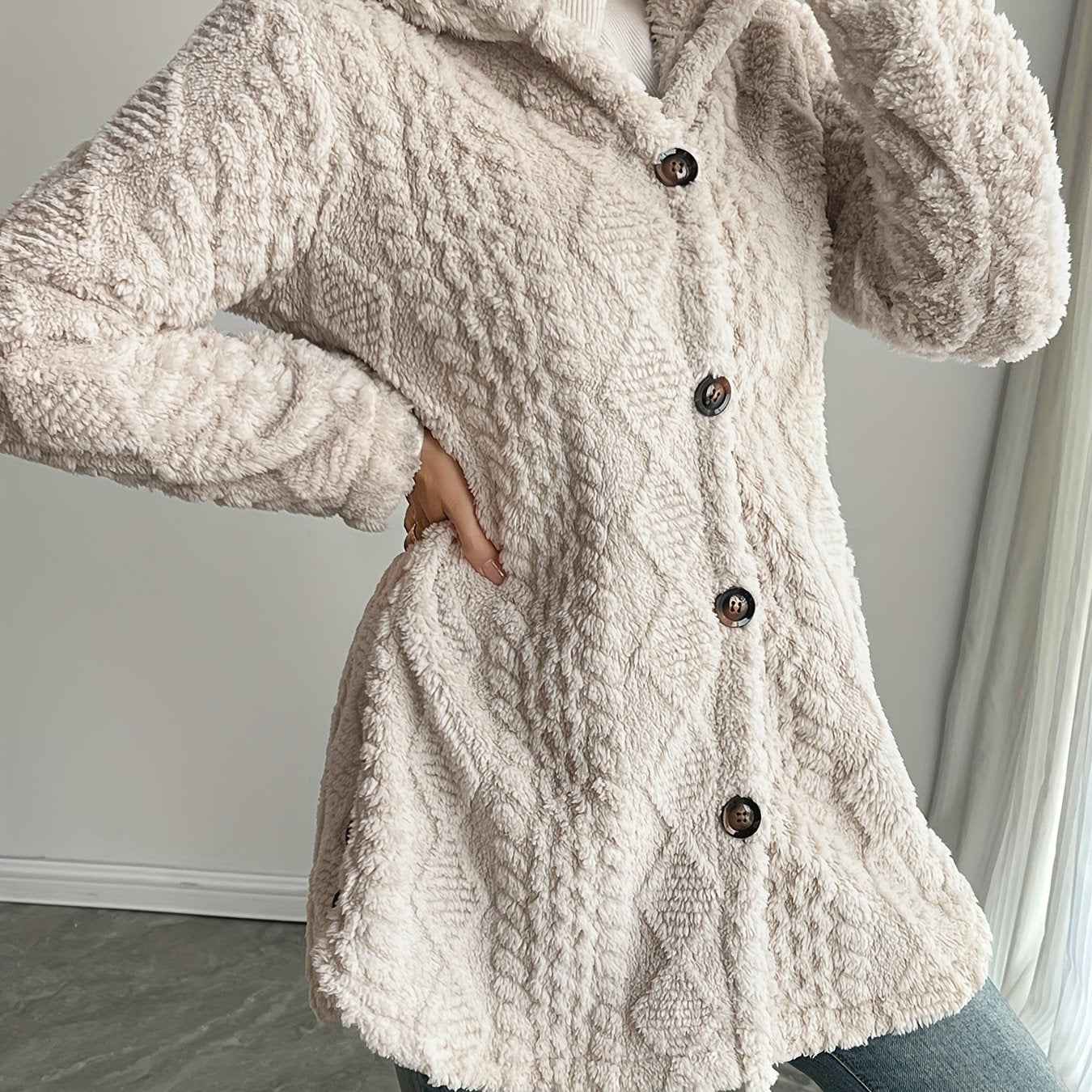 [Elegant Faux Fur Cardigan] Warm & Stylish Elegant Beige Faux Fur Hooded Cardigan for Women | Long Sleeve, Button-Up Mid-Length Winter Coat with Pockets, Cozy Fall/Winter Outerwear, Structured Design