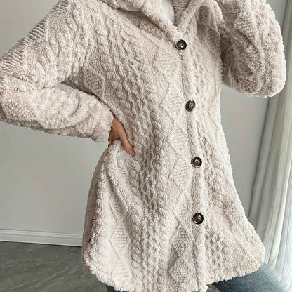 [Elegant Faux Fur Cardigan] Warm & Stylish Elegant Beige Faux Fur Hooded Cardigan for Women | Long Sleeve, Button-Up Mid-Length Winter Coat with Pockets, Cozy Fall/Winter Outerwear, Structured Design