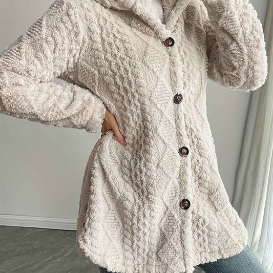 [Elegant Faux Fur Cardigan] Warm & Stylish Elegant Beige Faux Fur Hooded Cardigan for Women | Long Sleeve, Button-Up Mid-Length Winter Coat with Pockets, Cozy Fall/Winter Outerwear, Structured Design