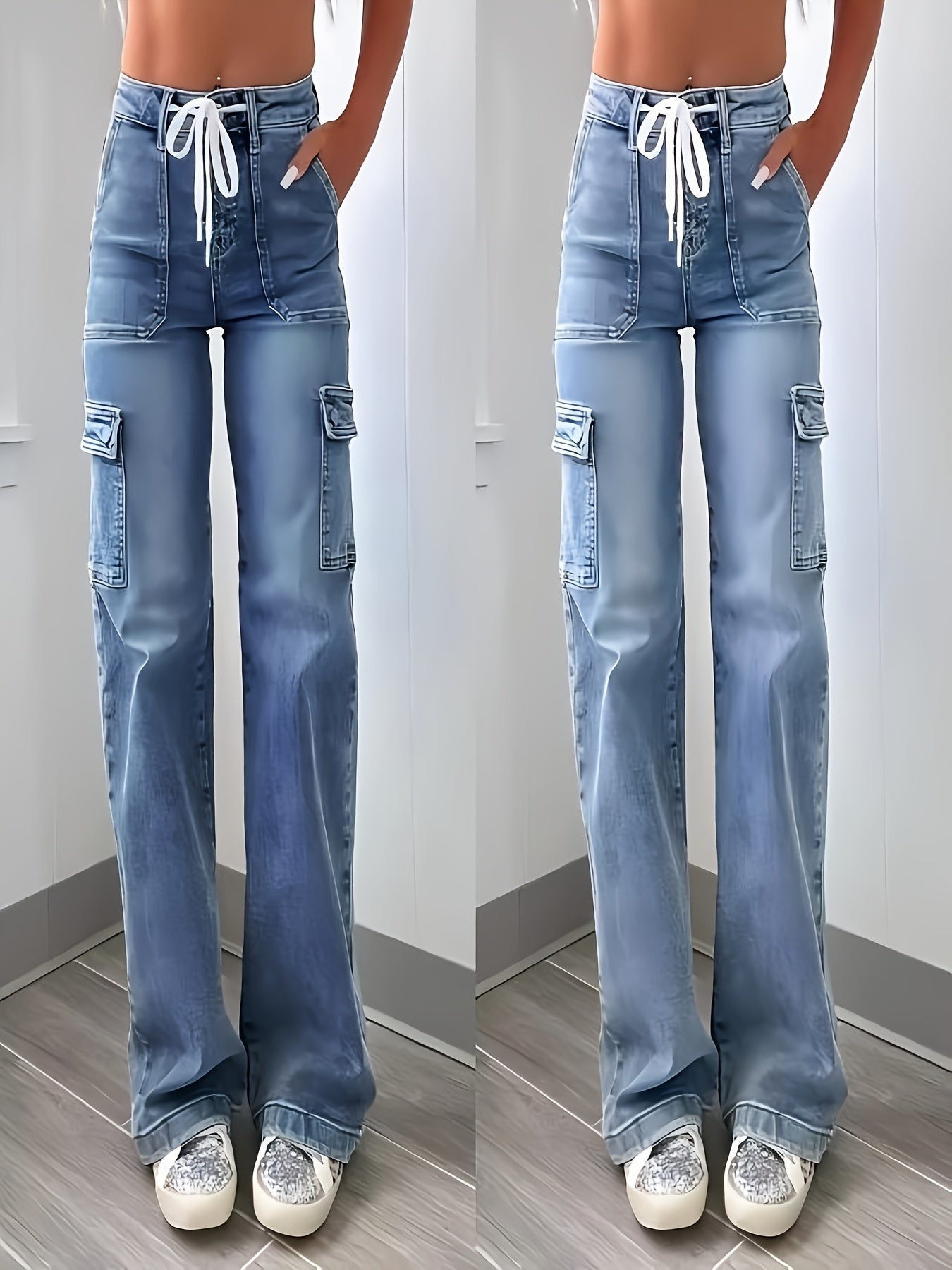2025 New Style Women'S Leisure Straight-leg Jeans With Laces And Multiple Pockets. Casual Fashion Denim Fabric Sweatpants Jeans Fit Womenswear - SS69 