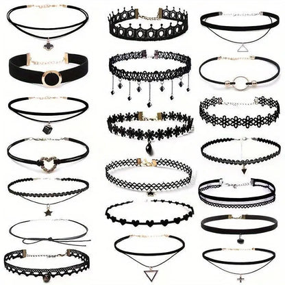 20pcs Gothic Choker Set - Stretchy Lace Necklaces for Women, Perfect for Parties & Holiday Gifts SS69 14.69 Black