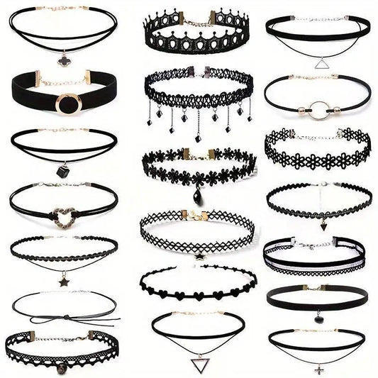 20pcs Gothic Choker Set - Stretchy Lace Necklaces for Women, Perfect for Parties & Holiday Gifts SS69 14.69 Black