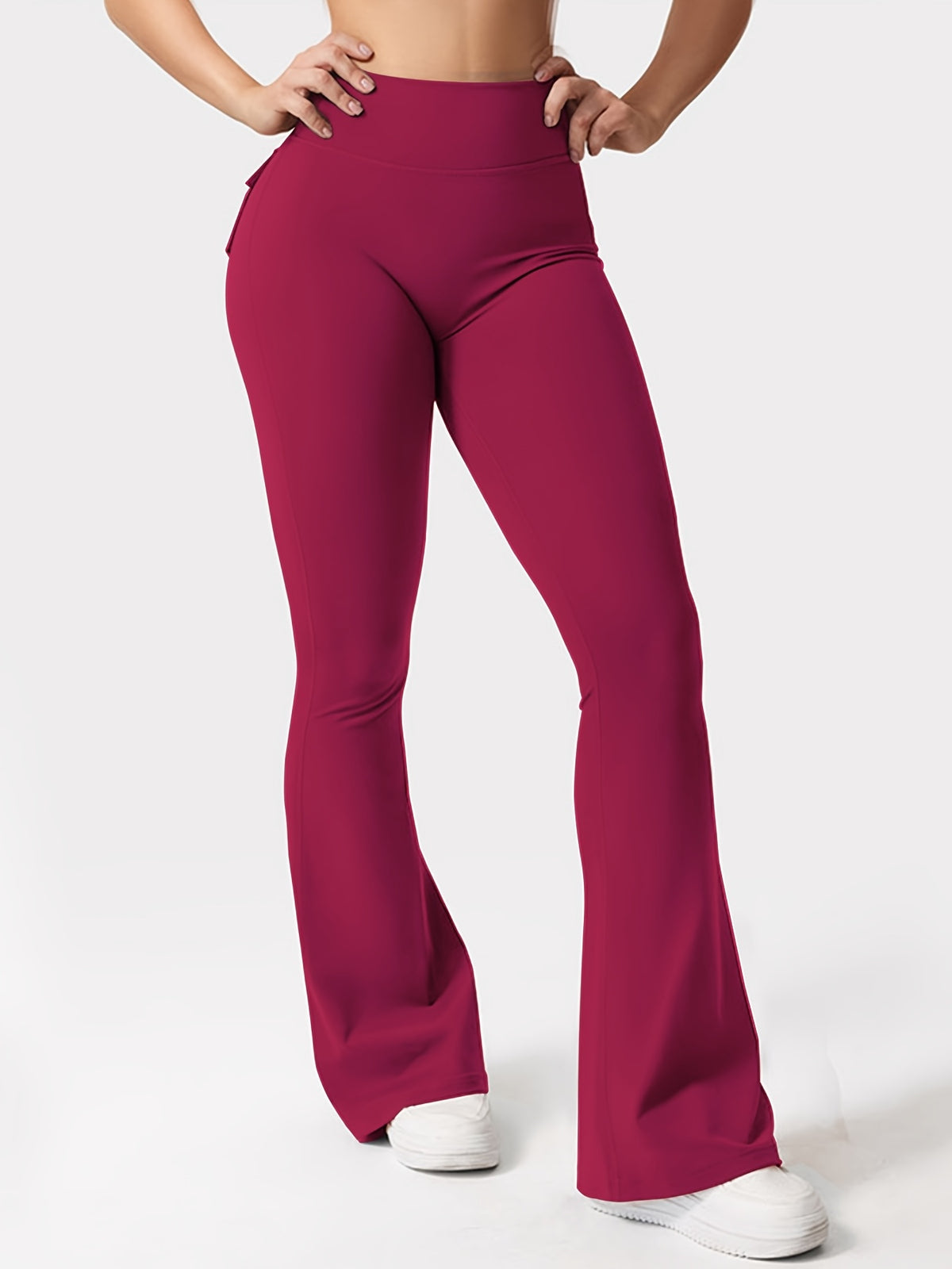 Full Of Elasticity Slim Fit Women's Pocket Yoga Pants - High Waist, Wide Legs, Solid Color, With Phone Pocket - SS69