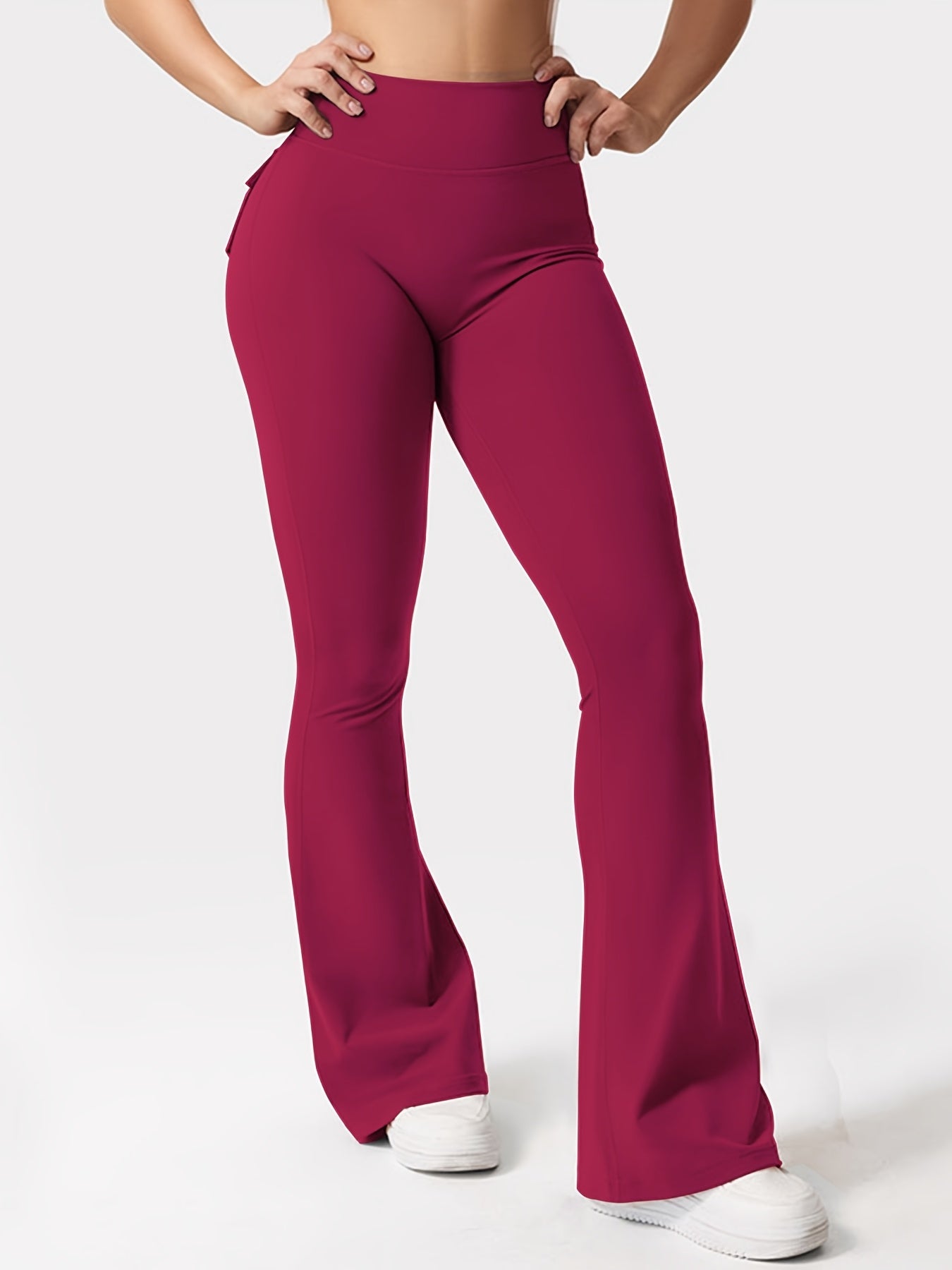 Full Of Elasticity Slim Fit Women's Pocket Yoga Pants - High Waist, Wide Legs, Solid Color, With Phone Pocket - SS69