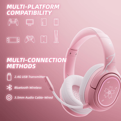 Mytrix Sakura Wireless Gaming Headset for PC, PS4, PS5, Mac, Switch, Surround Sound, 50mm Drivers, 2.4GHz & Gaming Headphones with Noise Cancelling Mic, Over Ear Headphones for Xbox - Pink SS69