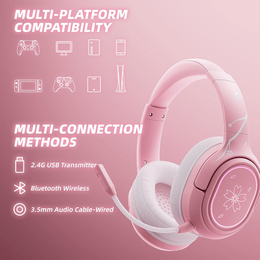 Mytrix Sakura Wireless Gaming Headset for PC, PS4, PS5, Mac, Switch, Surround Sound, 50mm Drivers, 2.4GHz & Gaming Headphones with Noise Cancelling Mic, Over Ear Headphones for Xbox - Pink SS69