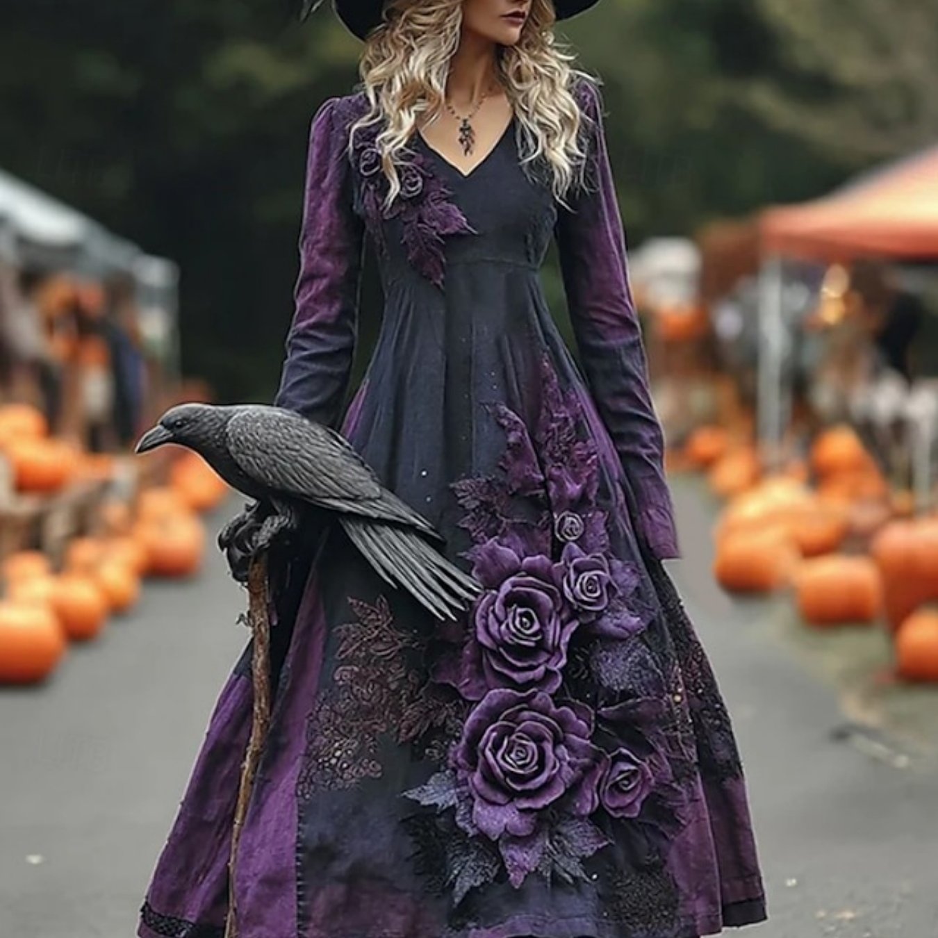 Women'S Gothic Victorian-Inspired V-Neck Long Dress with Ruffled Hem & A-Line Silhouette - Warm Breathable Winter Dress, Loose-Fit Long Sleeve Elegant Party & Everyday Outfit in Deep Purple & Black, Sizes XS-XXL for Themed Ev SS69 26.69 Black / XXL