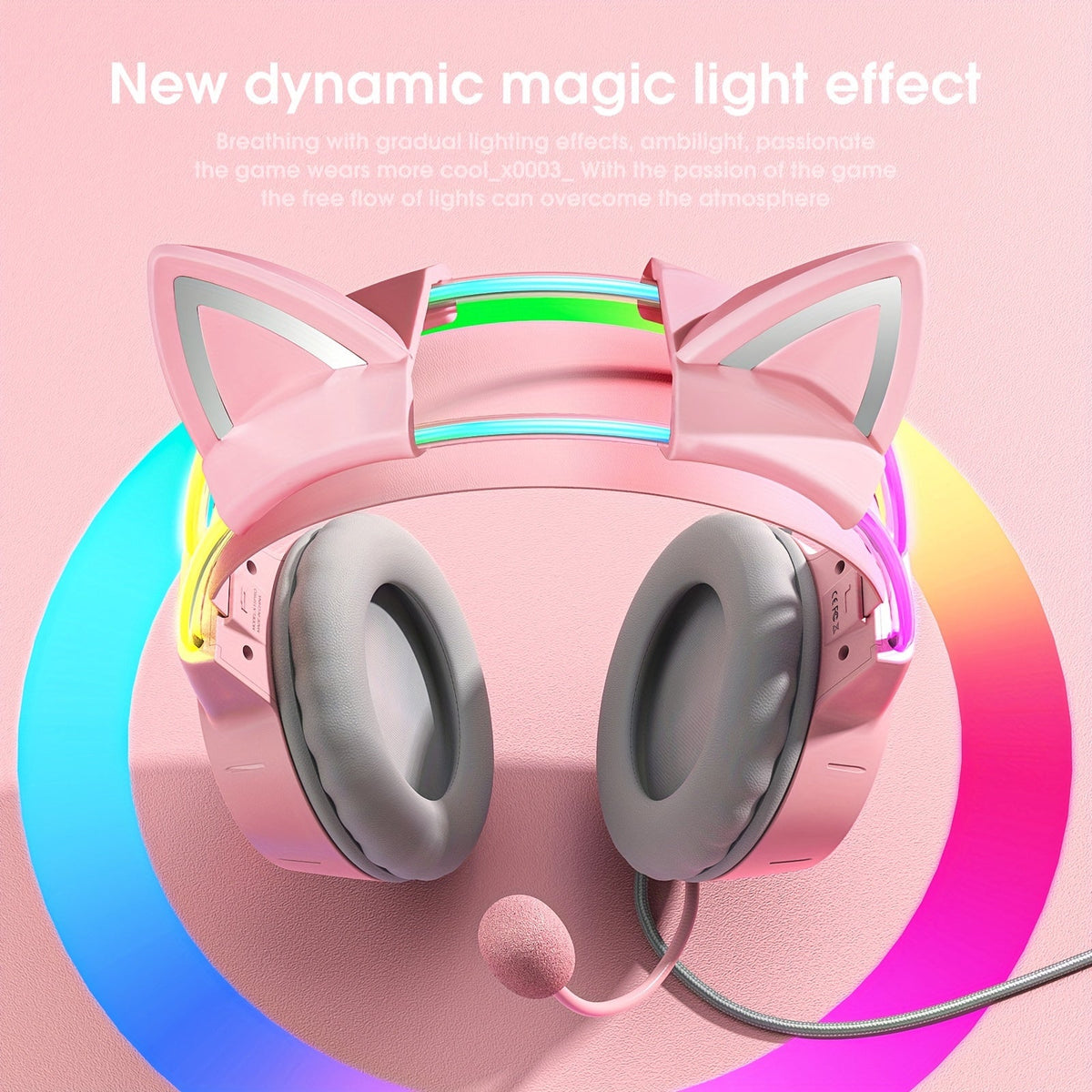 ONIKUMA Pink Cat Ear Gaming Headset with RGB Illuminated Headband, Detachable Flexible Mic, and Volume Controls - USB Powered Wired Over-Ear Headphones for PC Gamers, Gaming Headphones SS69