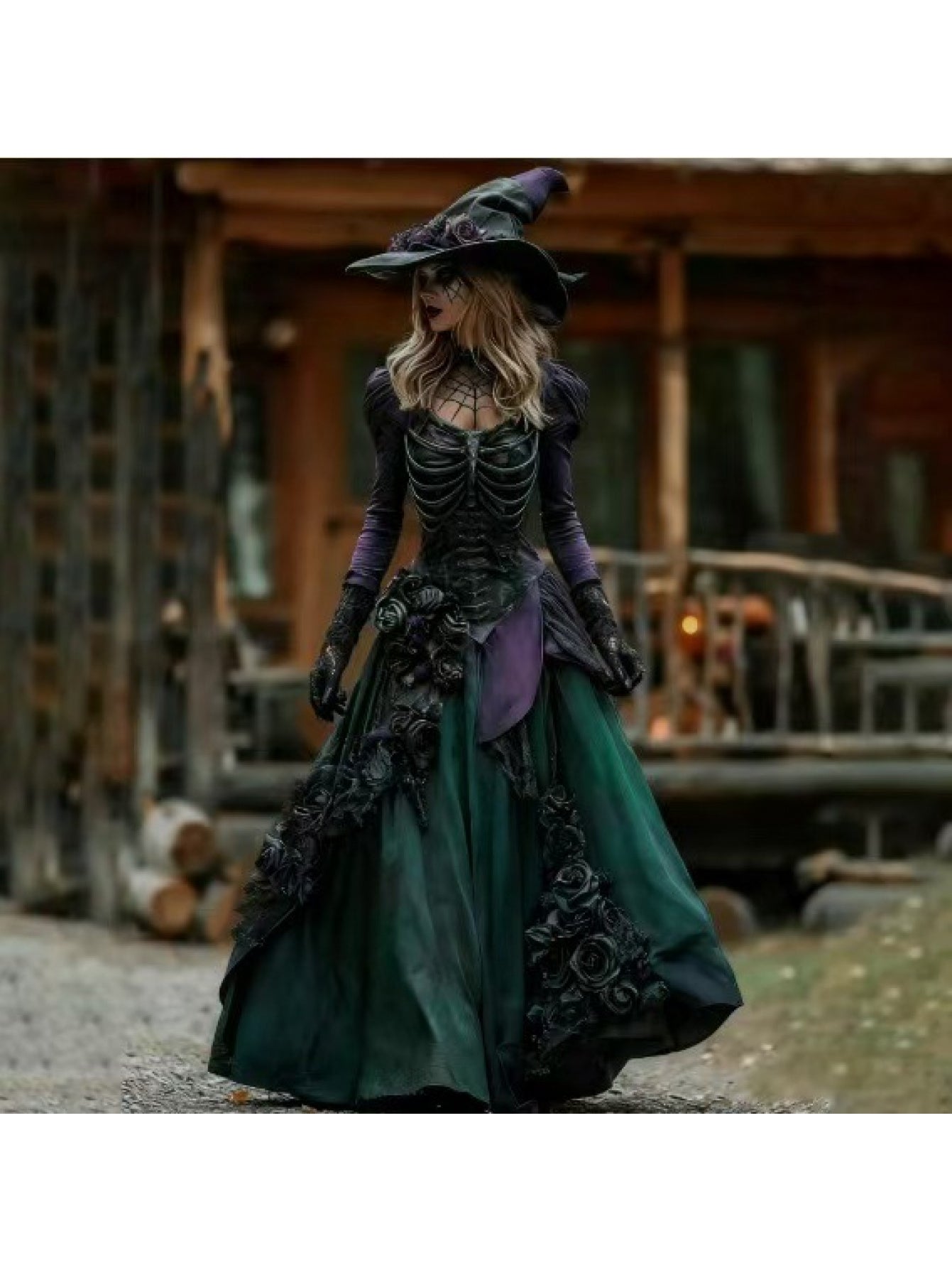 Women'S Elegant Retro Gothic Witch Dress - Long Sleeve Puffed Sleeve with Ruffled Hem & Belted Waist, Machine Washable Purple & Digital Print Halloween Costume Party Outfit, Vintage-Inspired Autumn Dress for Themed Events & C SS69