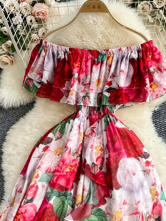 Women's Elegant Off-Shoulder Floral Print A-Line Dress - Lightweight 100% Polyester Summer Dress with Ruffled Sleeves & Hem, Machine Washable for Casual Outings, Dates, Garden Parties SS69