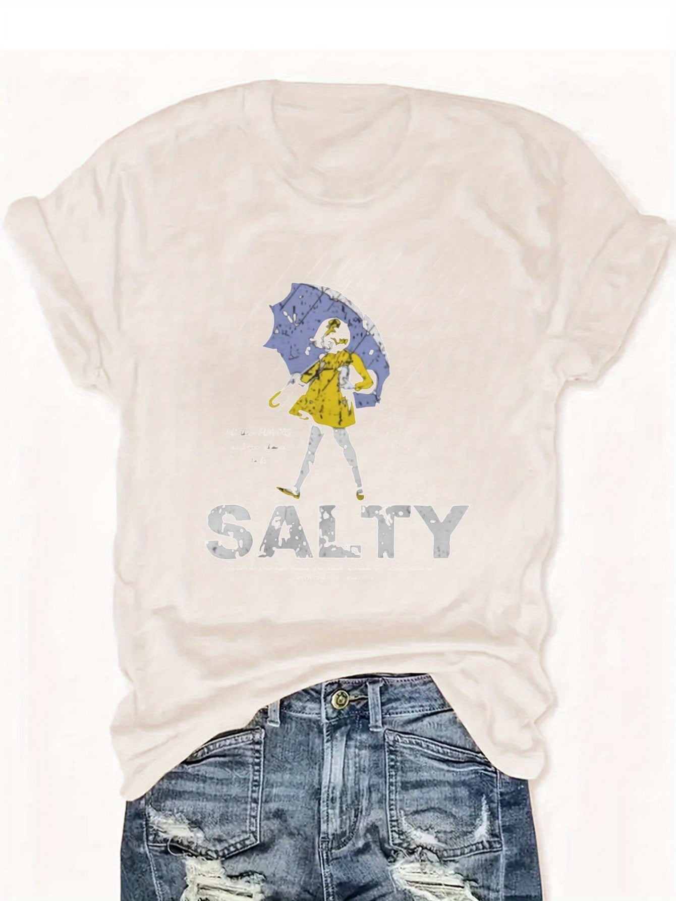 Salty with Umbrella Graphic Tee - Vintage Style Summer Beachwear for Trendy Women, Perfect for Vacation and Everyday Wear, ed T-shirt SS69