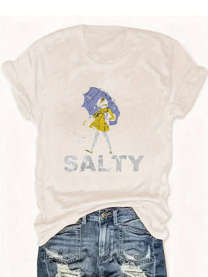 Salty with Umbrella Graphic Tee - Vintage Style Summer Beachwear for Trendy Women, Perfect for Vacation and Everyday Wear, ed T-shirt SS69